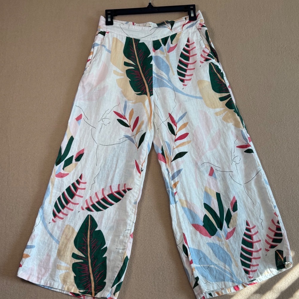 Cynthia Rowley 100% Linen Wide Leg Tropical Leaf Print Pants Cream Small